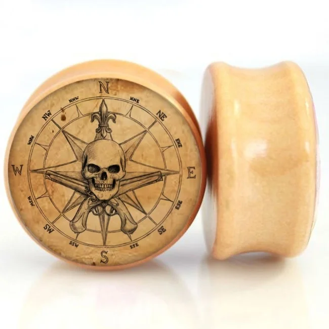 2pcs/lot Skull And Compass Wood Ear Gauge Plugs And Tunnels 8mm-25mm Ear Stretcher Expander Saddle Plug Piercing Jewelry