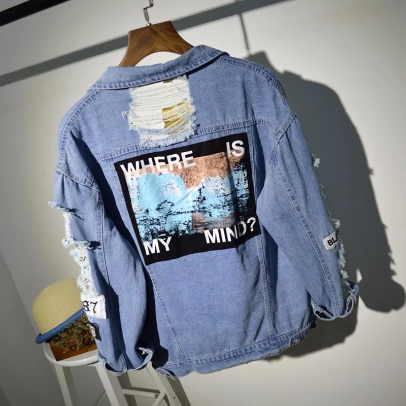

Plus Size Where Is My Mind Korea Kpop Frayed Letter Patch Bomber Jeans Jacket Women Ripped Denim Coat Female Streetwear Harajuku