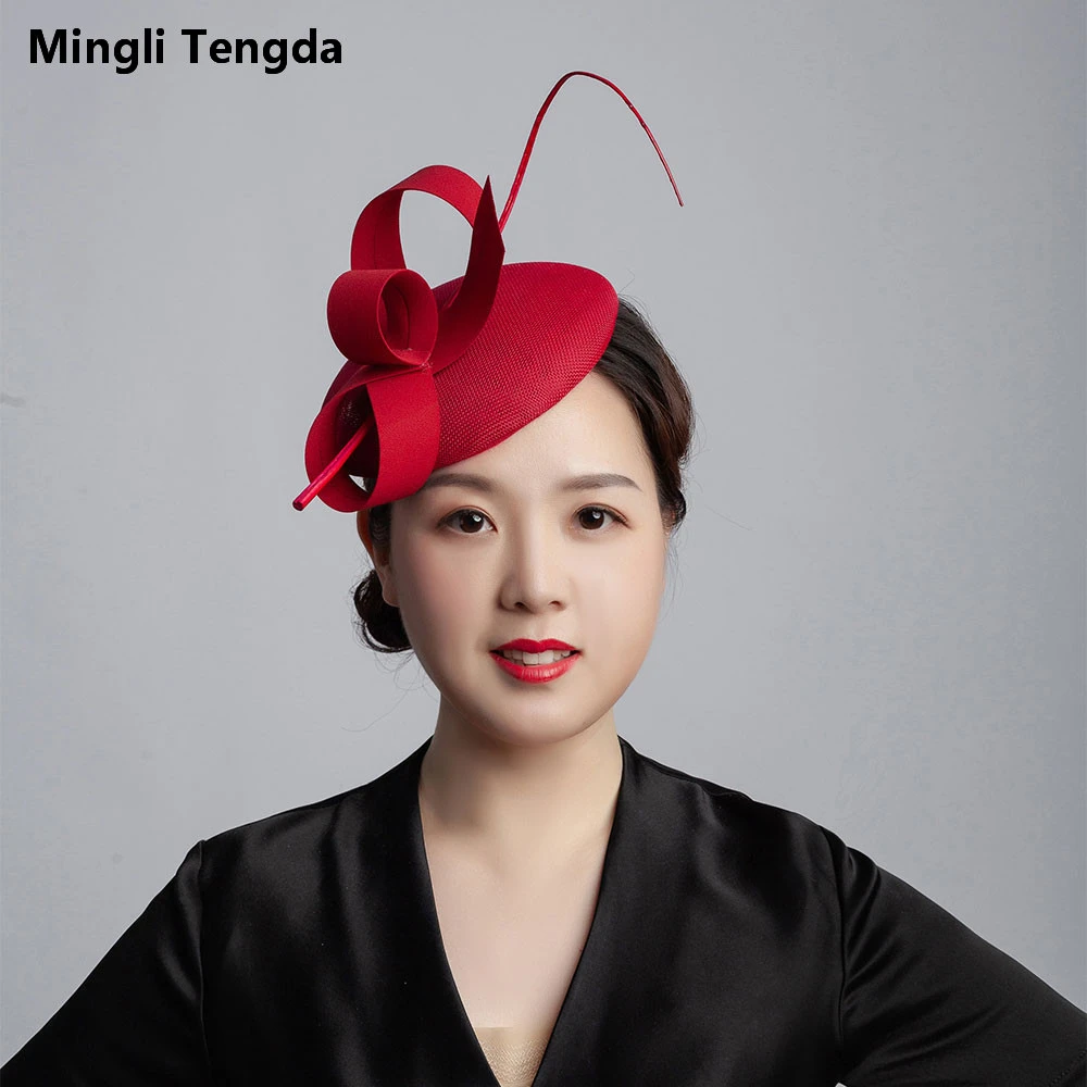 Mingli Tengda невесты пеньковая роза красная пряжа шляпа перо Свадебные аксессуары элегантная женская шляпа Головной убор головной убор Темно-синяя тиара клетка - Цвет: dark red
