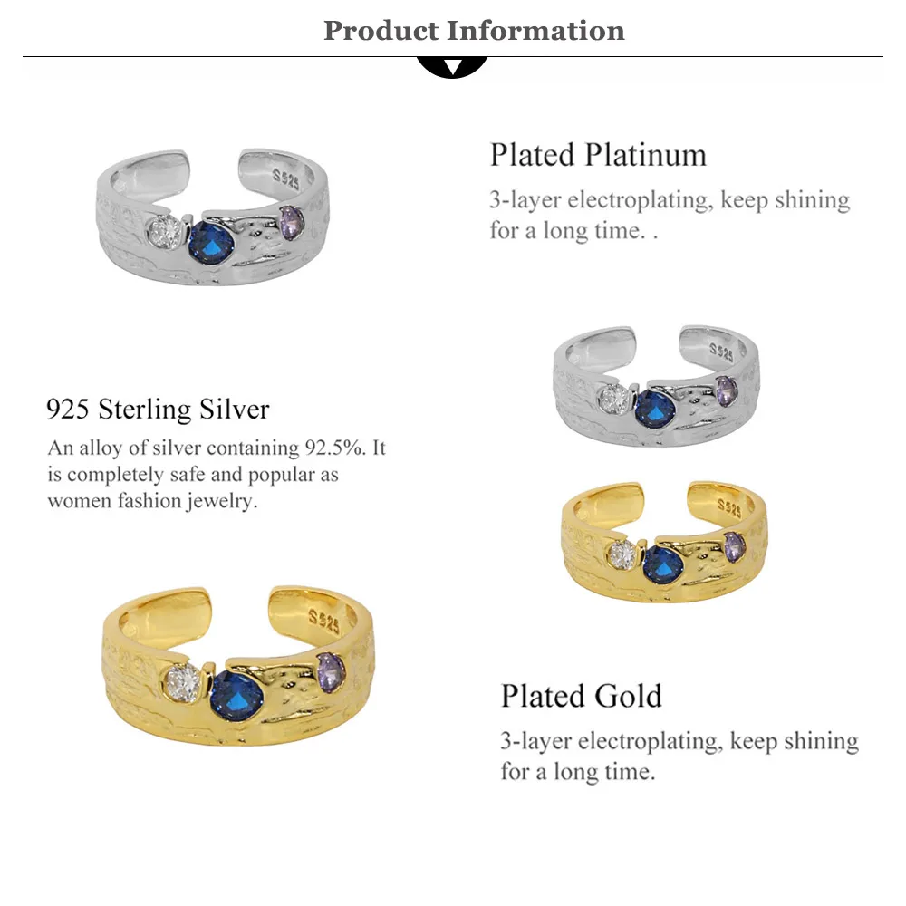 18K Gold Plated 925 Sterling Silver Resizable Ring with Purple‑Blue Zircons