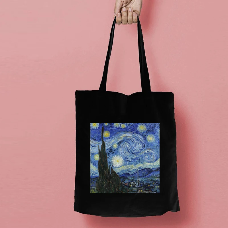 

Women Van Gogh Black Cotton Canvas Shopper Bag Girl Harajuku 90s Y2K Classic Vintage Shoulder Handbag Female Bolsa Compra