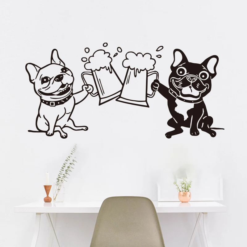 Large French Bulldogs Toasting Drink Beer Wall Sticker Bar Kitchen Bulldogs Pet Friend Alcohol Beer Wall Decal Dinning Room Vin  (2)
