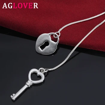 

AGLOVER 925 Sterling Silver Heart Key Pendant 18 Inch Long Necklace For Woman Fashion Glamour Jewelry Birthday Gift