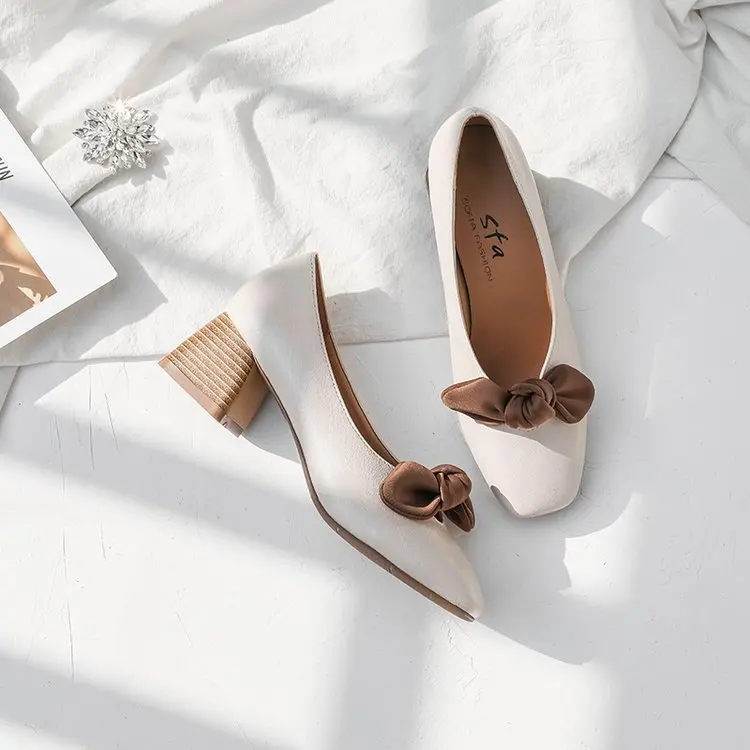 

2019 New Style Shoes Women's Sweet Korean-style Students Square Head Versatile High Heel Shoes Chunky-Heel Shallow Mouth Bow WOM