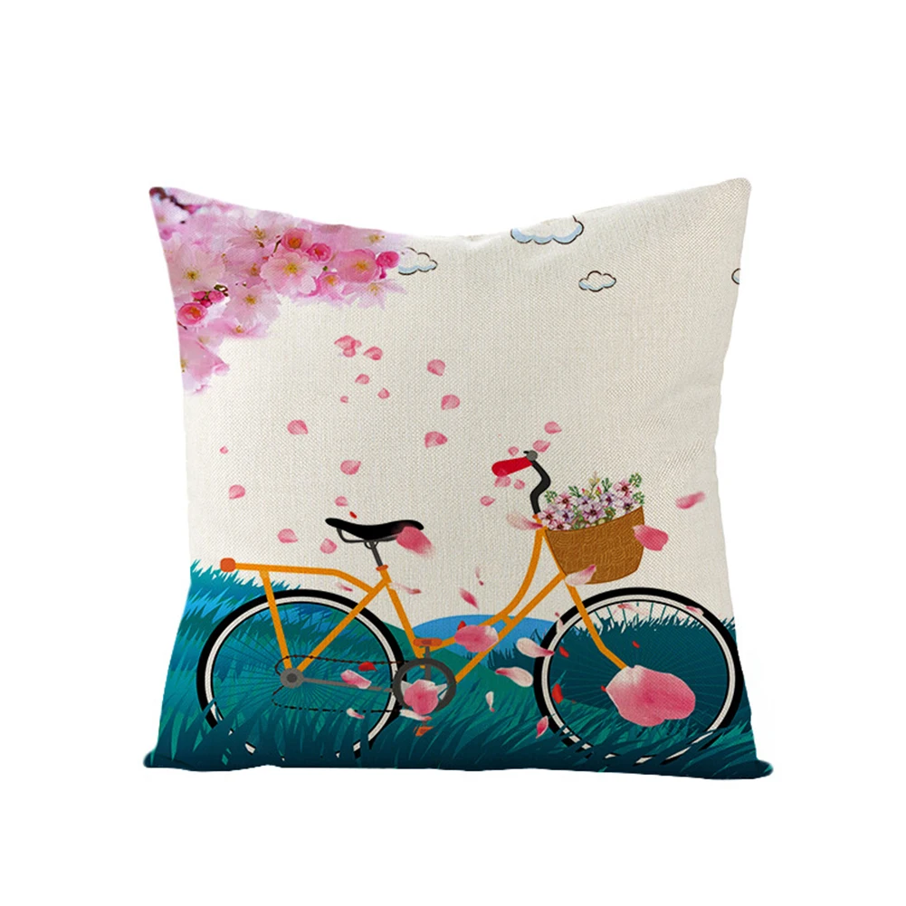 Мягкий льняной чехол для подушки с цветочным рисунком и изображением велосипеда и воздушных шаров