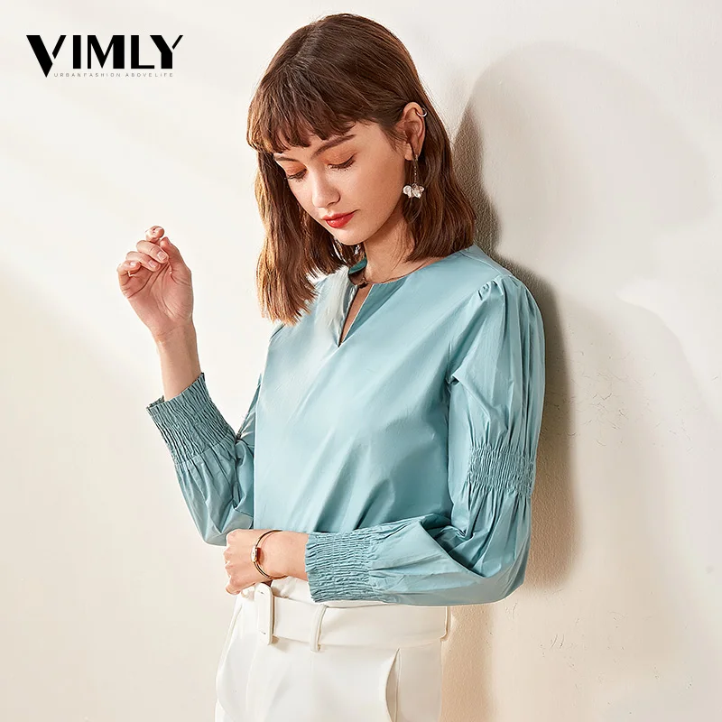 

Vimly Elegant Women Cotton Solid Shirts Office Ladies Green Casual Blouse Shirts Spring Lantern Sleeve Female Solid Color Tops