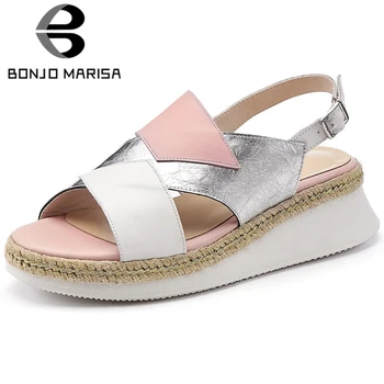 

BONJOMARISA 2020 New Brand Trendy Patchwork Platform Sandals Summer Genuine Leather Sandals Women Comfy Med Wedges Shoes Woman