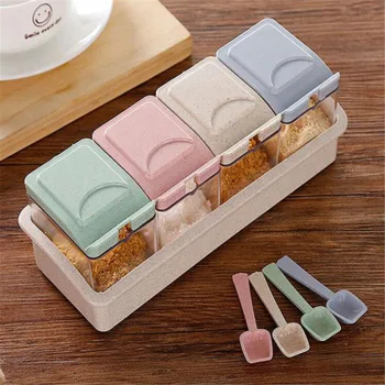 

Kitchen Spice Condiment Box Transparent Spices Seasoning Storage Container Case Wheat Straw Seasoning Box Kitchen Tools
