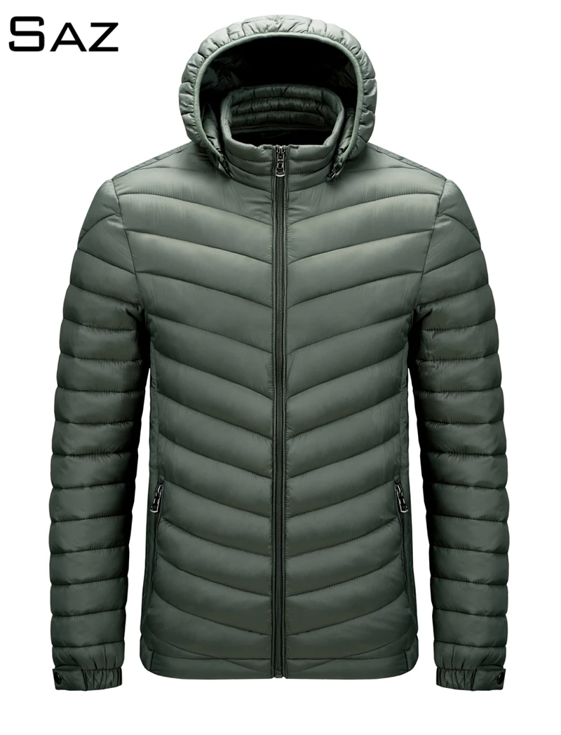 

Saz New Fashion Warm Fashion for Men Feather Hooded Down Jacket Pure Color Mens Hooded Down Coat Thin Light Jackets