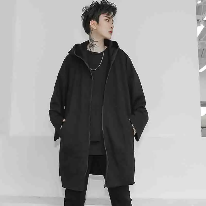 Men's cardigan autumn winter loose in the long hooded coat men's leisure windbreaker youth black large size tide England