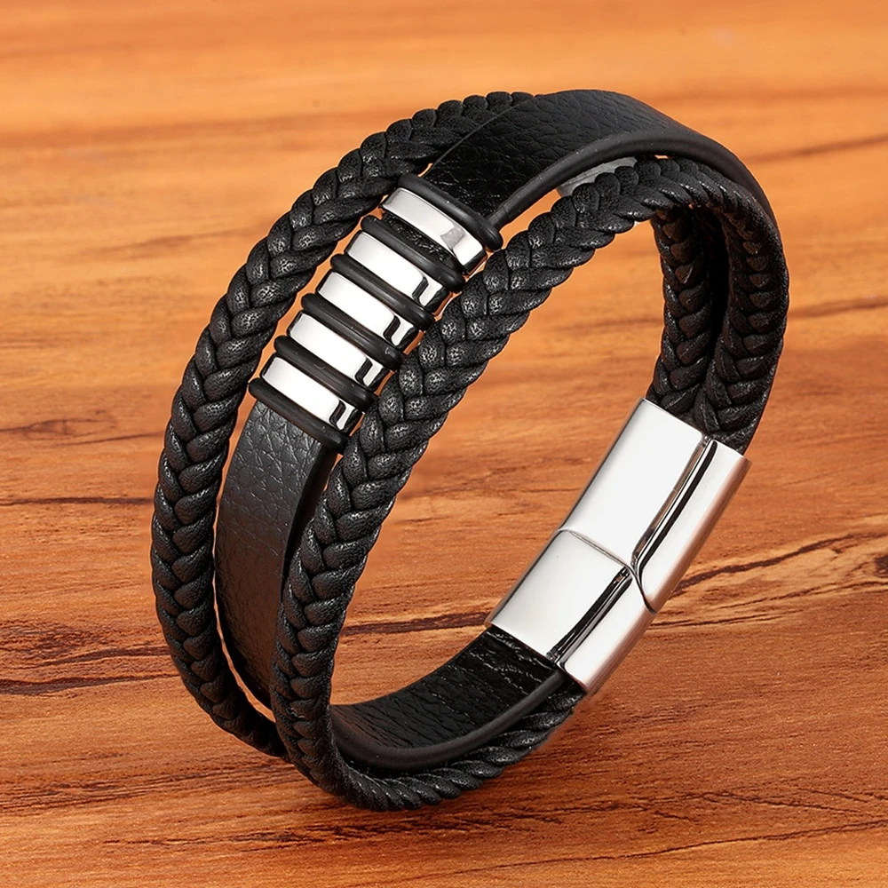 Multi-layer 4 colors Selection Hand-woven Accessories Combination Men’s Stainless Steel Leather Bracelet Valentine’s Day Gift