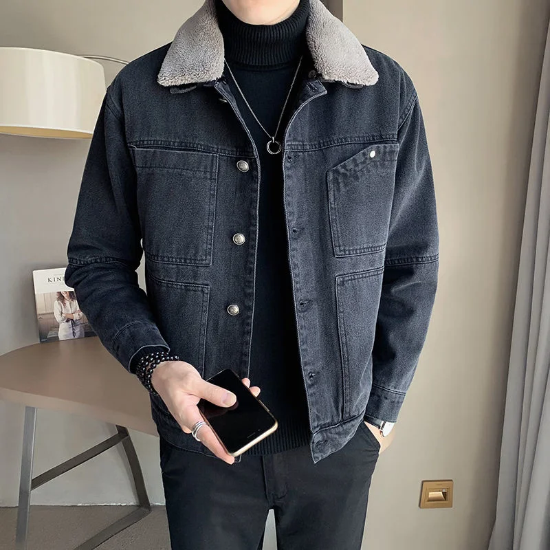 Men's Denim Jacket Long Sleeve Solid Color Winter Plush Thickened Fur Collar Tidal Current Streetwear The Price Of New 2021 |