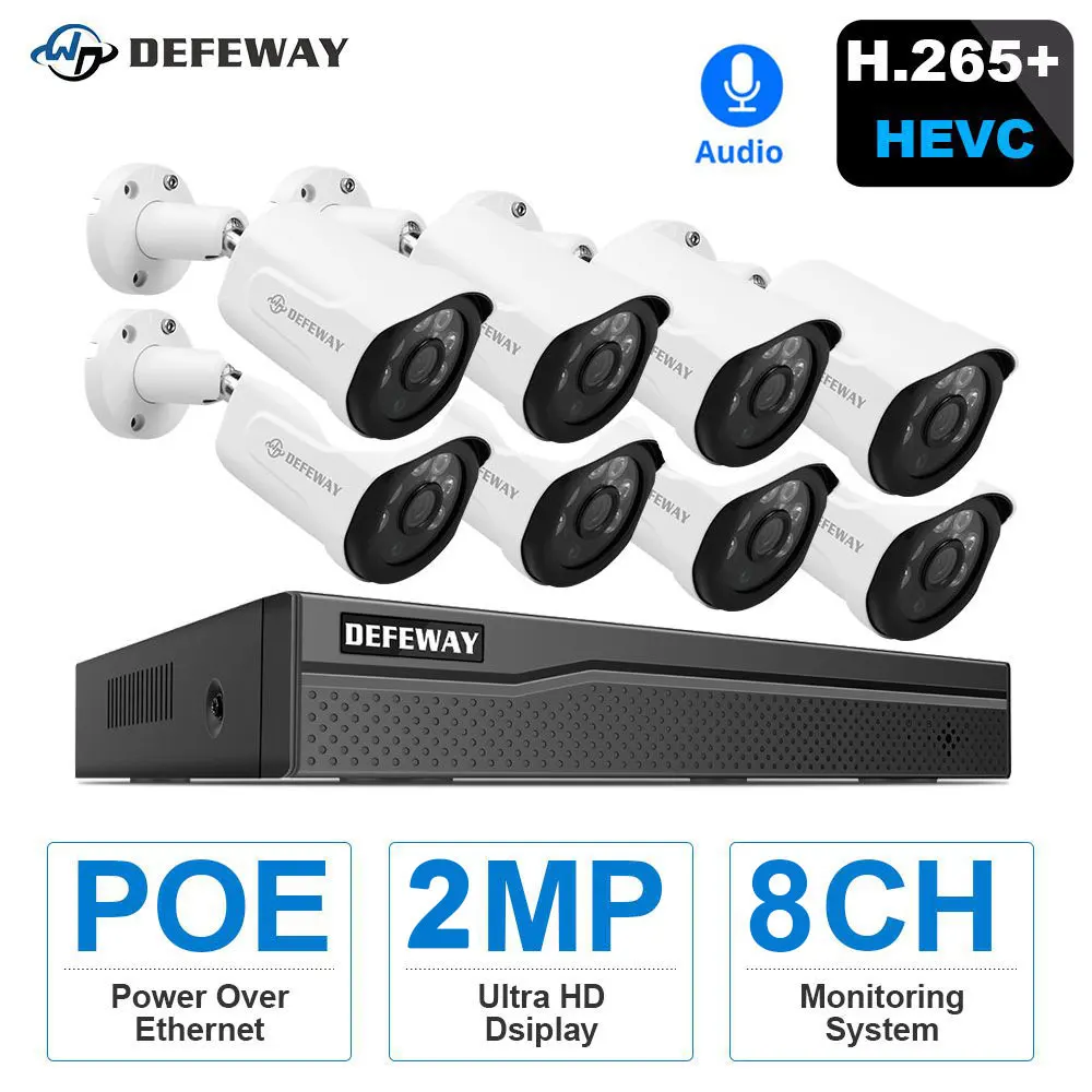 8CH H.265+ POE NVR Video Surveillance Kit CCTV Security Camera System 8Pcs 2MP Audio Record IP Camera Alarm Remote Night Vision