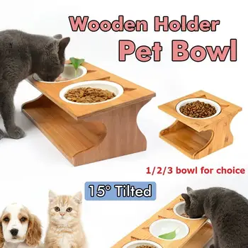 

1PC Bamboo Pet Feeder 15° Tilted Water Resistant Anti Slip Pets Dogs Cats Bowl Slow Feeder Pets Supplies 1/2/3 Bowl For Choice