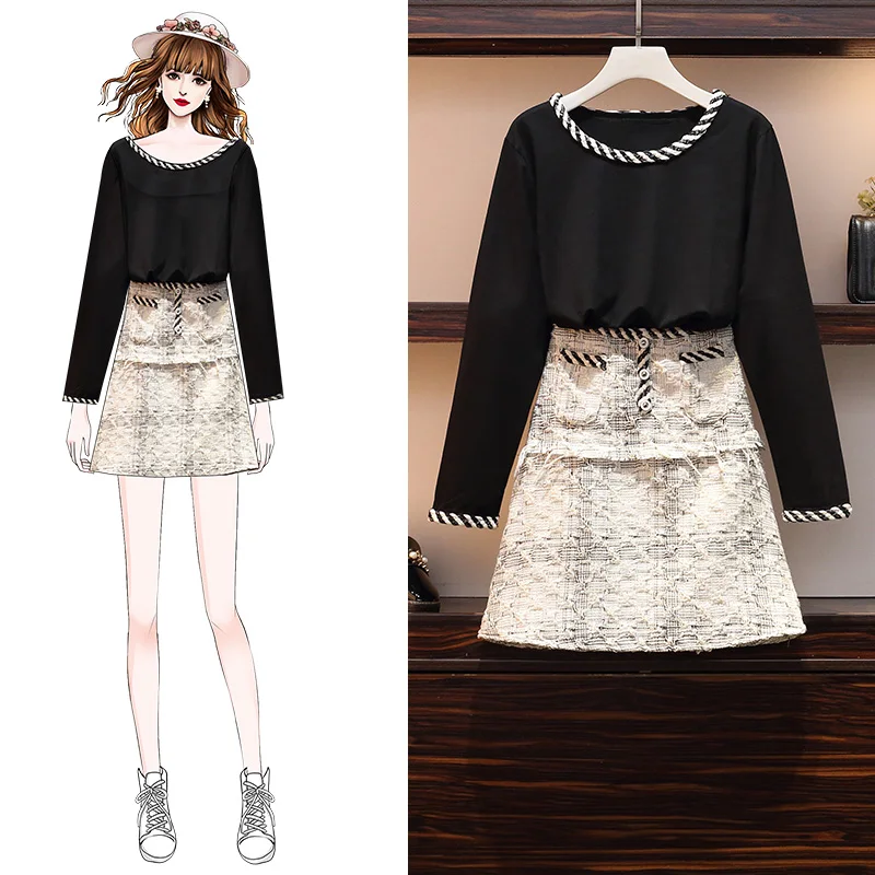 

Big Size Women's Dress Fat Sister's Fashionable Slim Jacket With Woolen Skirt Two-piece Suit In Autumn Of 2019