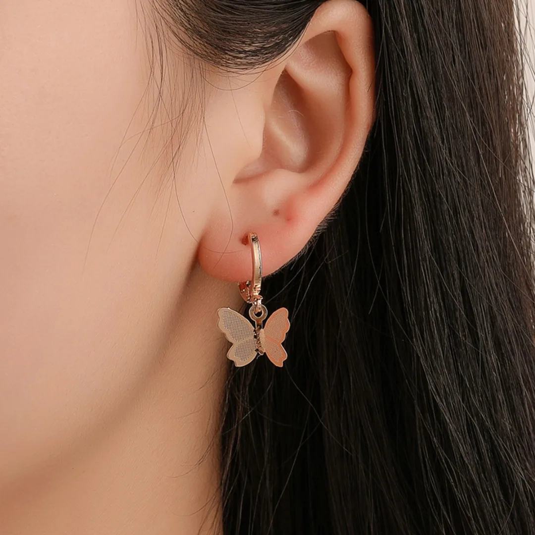 Korean Women Sweet Butterfly Earring Cute Silver Gold Ear Loop Frosted Butterfly Pendant Hoop Earring Wedding Jewelry orecchini
