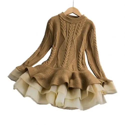 Детский Зимний вязаный пуловер с длинными рукавами для девочек; свитер; мини-юбка принцессы с длинными рукавами; дизайн «кроше»; Теплый красивый вид - Цвет: Хаки