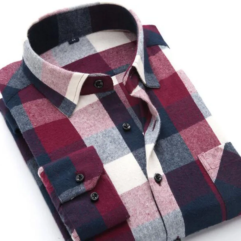 Английский стиль Мужские однобортные дышащие удобные рубашки Camisa, клетчатый принт, чистый хлопок ткань фланелевая