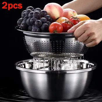

2Pcs Multifunction bowl Thick 304 Home Kitchen Stainless Steel Sink Drain Basin Set fruit ramen noodles bowl