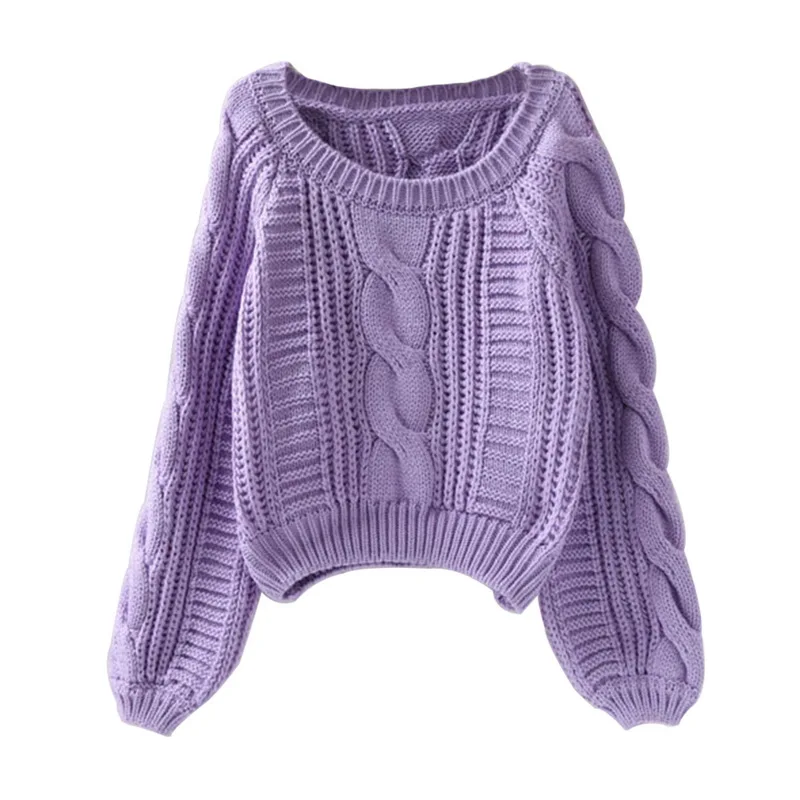 

Puimentiua 2019 Women's Candy Color Round Neck Knit Short Pullover Sweater Female Spring Autumn Solid Lantern Sleeve Sweater Top