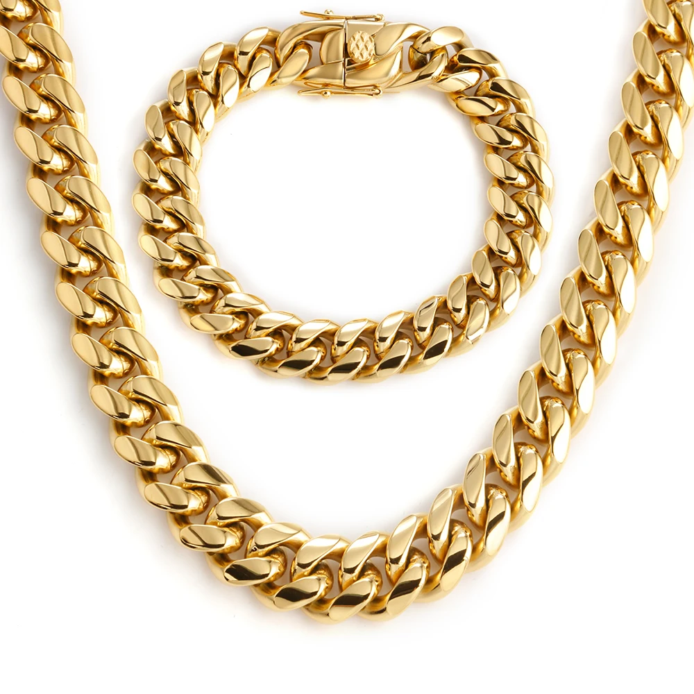

6-18mm Wide Golden Miami Cuban Chain for Men Women Hip-hop Stainless Steel Necklace Bracelet Fashion Jewelry Pop Accessories