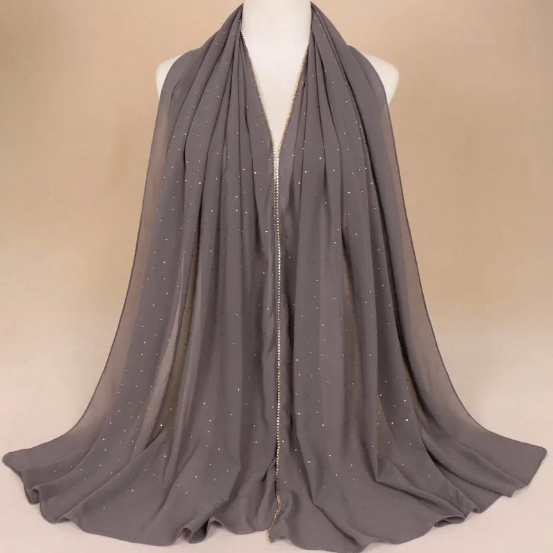 Женский шифоновый хиджаб с бриллиантами, блестящий шарф, простые гладкие шали, шарфы, Свадебный длинный платок, исламский Блестящий Пашмина