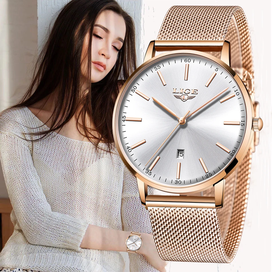 Obtenga esto LIGE-Reloj de pulsera con correa de malla de oro rosa para mujer, accesorio de lujo, resistente al agua, de marca superior, 2020 1gNWbq7j1da