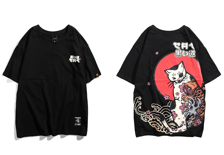 LENSTID Футболка мужская хип-хоп японская укийо E Cat Футболка Harajuku уличная футболка повседневная с коротким рукавом летняя футболка - Цвет: Черный