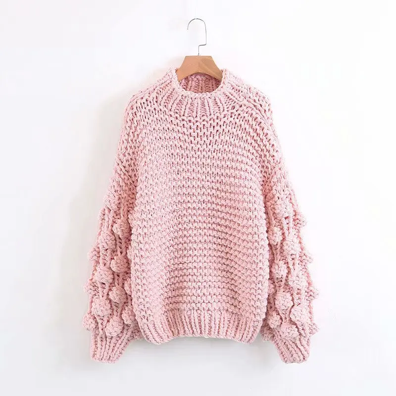 Осенний вязаный свитер для девочек серого, розового, коричневого, красного цвета г. Модные Новые Дамские шаровые фонари с длинными рукавами, плотный шерстяной вязаный свитер - Цвет: pink
