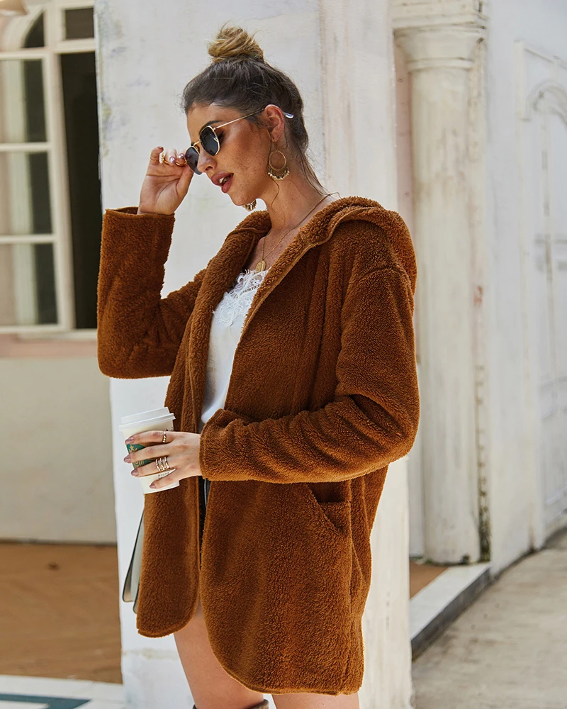 Faux Bontjas, женский,, зимний, длинный, Mouwen, однотонный жилет, Jas Dames, Повседневный, флис, с капюшоном, куртки с карманами, верхняя одежда