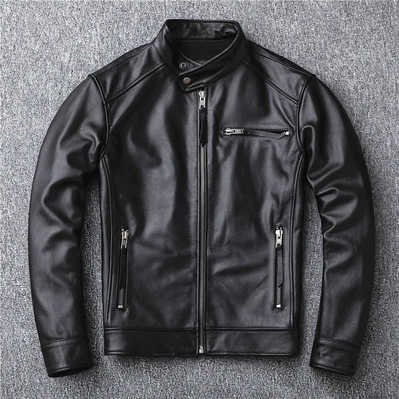 

Cowhide Genuine Jacket Motorcycle Cool Men Clothes Real Cow Leather Short Coat Slim Plus Size 4XL Outerwear Male Autumn