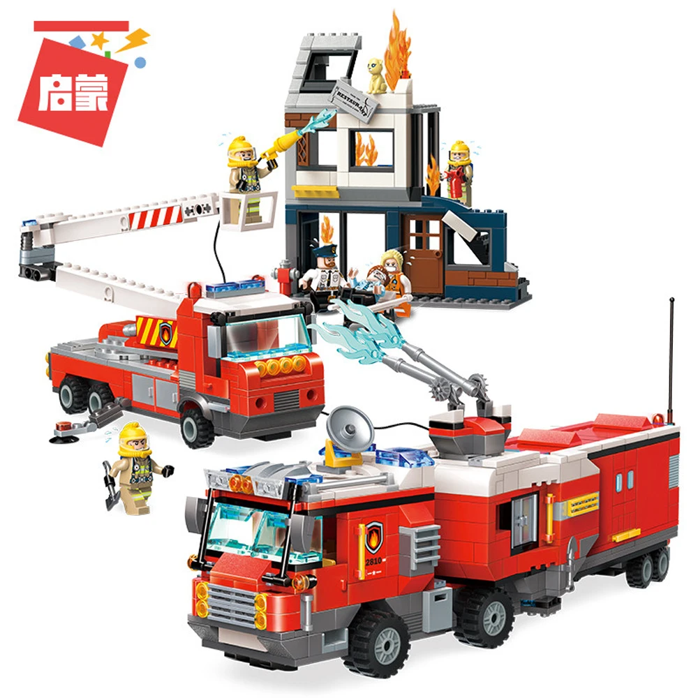 

Qman Compatible City Series Fire Rescue Spraying Engine Car Scaling ladder Set Firemen Mini figures Building Blocks Toys Kids