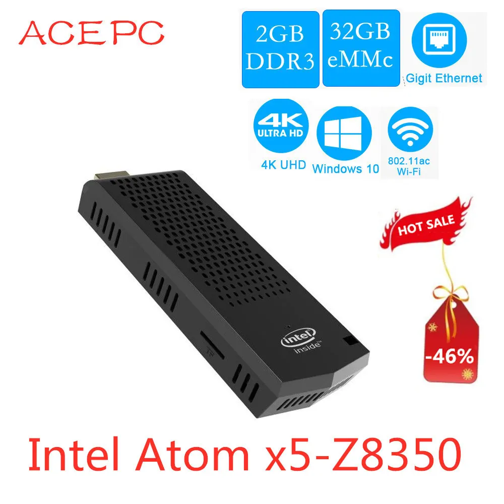 

Mini PC T6 Pro atom Z8350 Fanless Intel Computer Stick Windows 10 quad core 1.44GHz 2G/32G 4GB/64GB 2.4/ 5.8Ghz WIFI 4K BT4.0