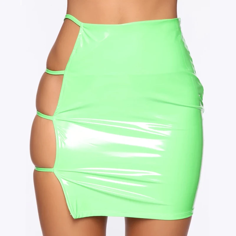 green Bkld искусственная кожа Высокая талия Bodycon Оболочка Сексуальная Женская открытая обтягивающая юбка-карандаш неоновый зеленый PU Короткие вечерние Клубные мини-юбки - Цвет: green