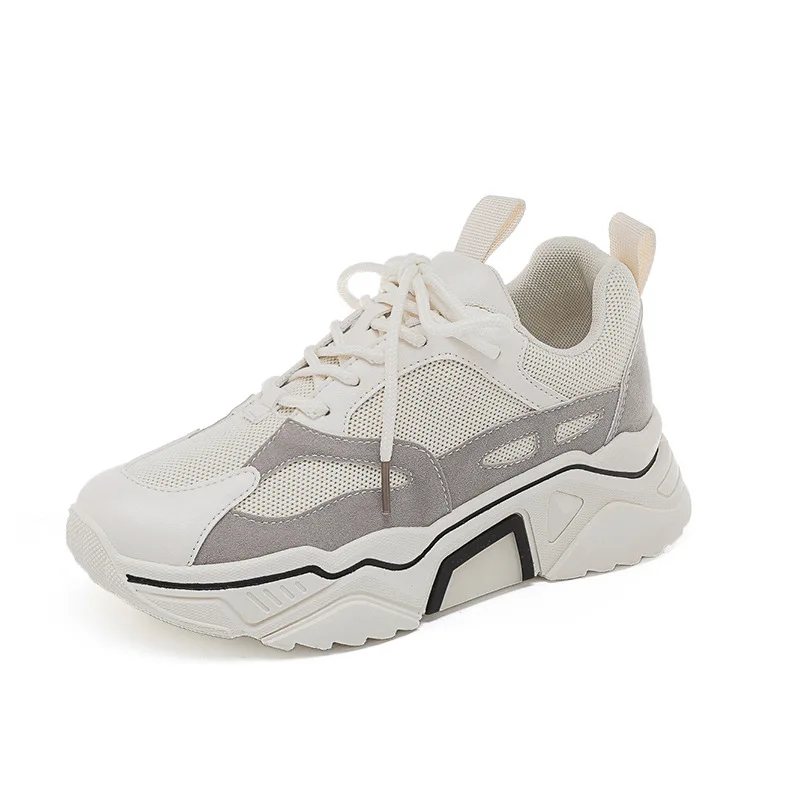 Chunkey Sneaker для женщин INS модная дышащая Спортивная беговая Обувь со шнуровкой кроссовки на платформе для прогулок - Цвет: Бежевый