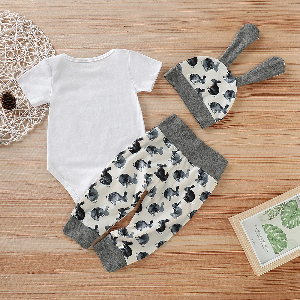 LOOZYKIT Summer 3PCS Set Toddler Newborn Baby Girl Boy Short Sleeve Outfits Set Lovely Bunny Cotton Tops Pants Hat Outfit