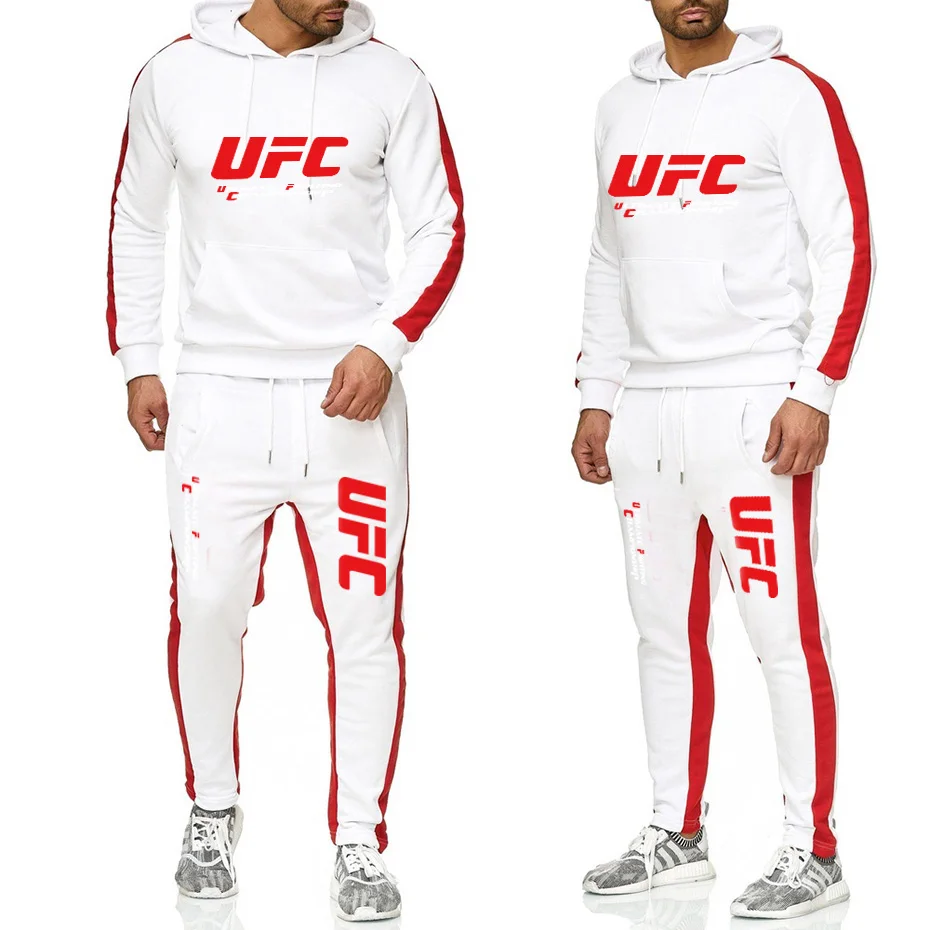 Спортивный костюм, мужская спортивная одежда, флисовый костюм с капюшоном, hombre, с принтом, весна, осень, зима, толстовка+ штаны, комплект - Цвет: white-red