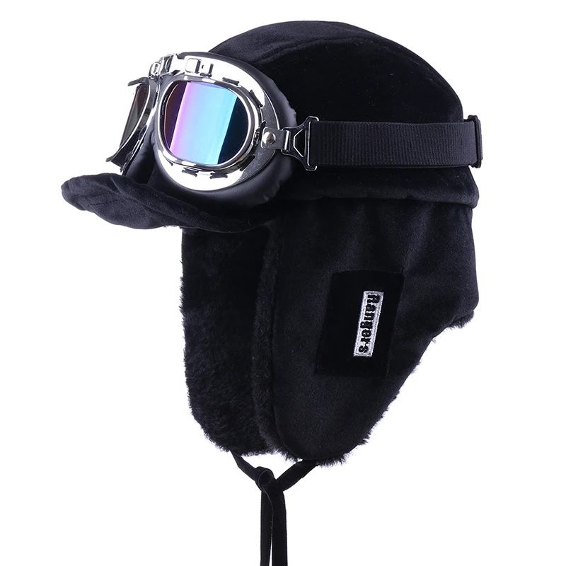 Зимняя куртка-бомбер Шапки Плюшевые Earflap русская ушанка с очки для мужчин женщин's Траппер Авиатор шлем летчика Искусственная кожа меха зимние шапки - Цвет: Black-Blue Goggles