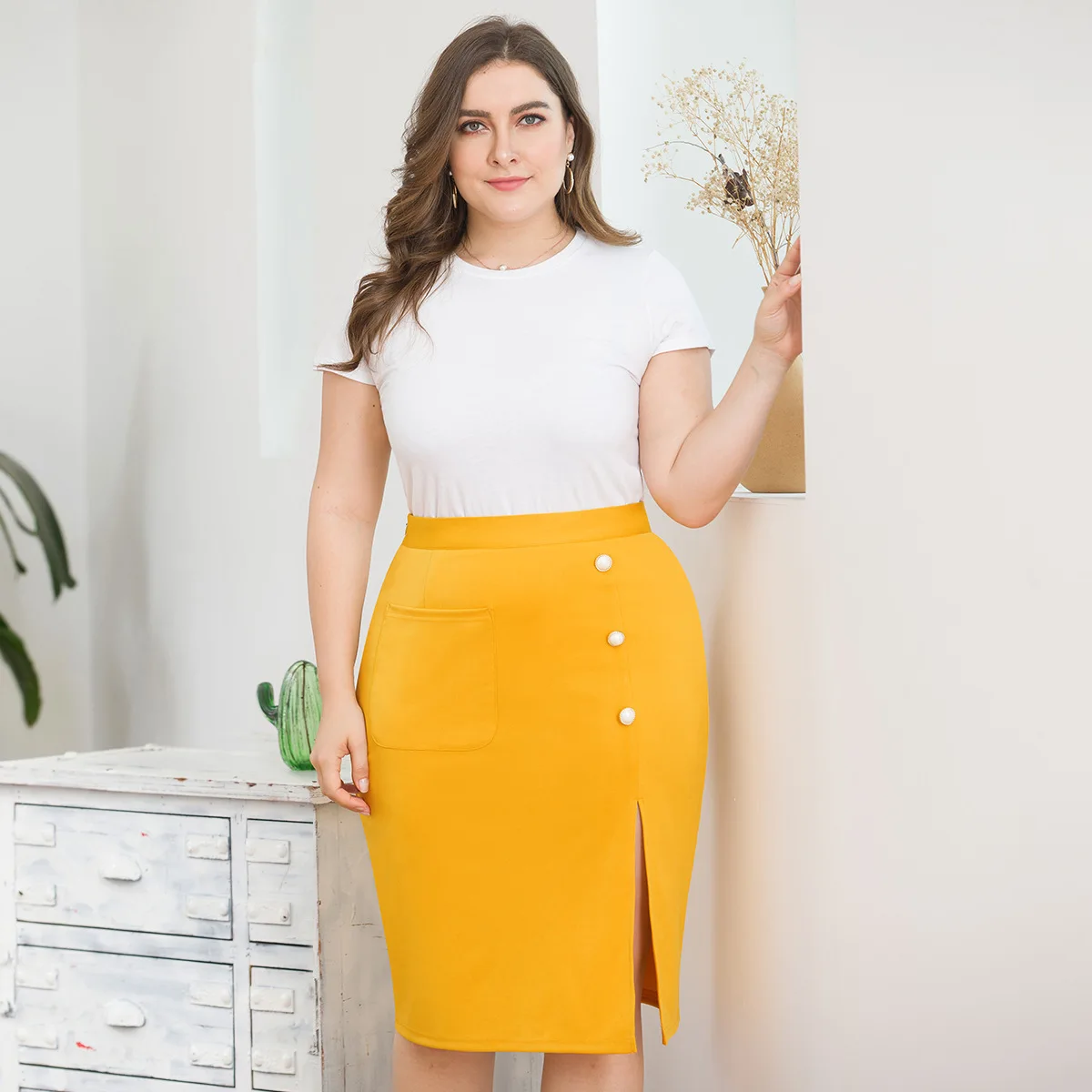 

Yellow High Waist Pencil Work Plus Size 4xl Short Skirt Sexy Button Side Slits Hip Elegant Woman Skirt 2019 spring summer