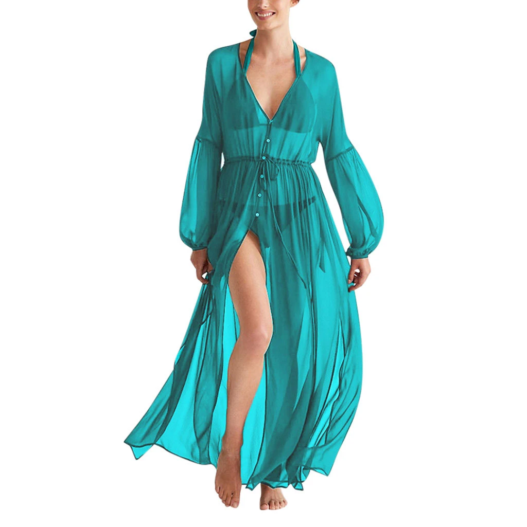 

Women Sexy Dress Ladies Fashion Autumn Button Long Knee-length Tourism Sleeve V Neck Beach Dress Casual Girls Elegant 725