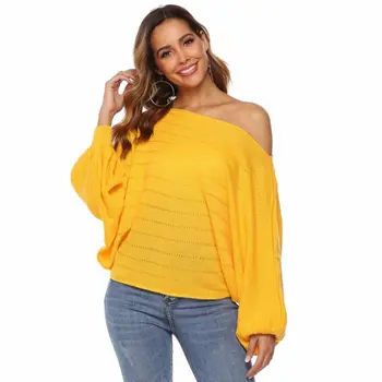 

Womens Sexy Off Shoulder Pullover Sweater Batwing Lantern Sleeves Solid Color Casual Loose Tops Autumn Knitted Jumper Streetwear