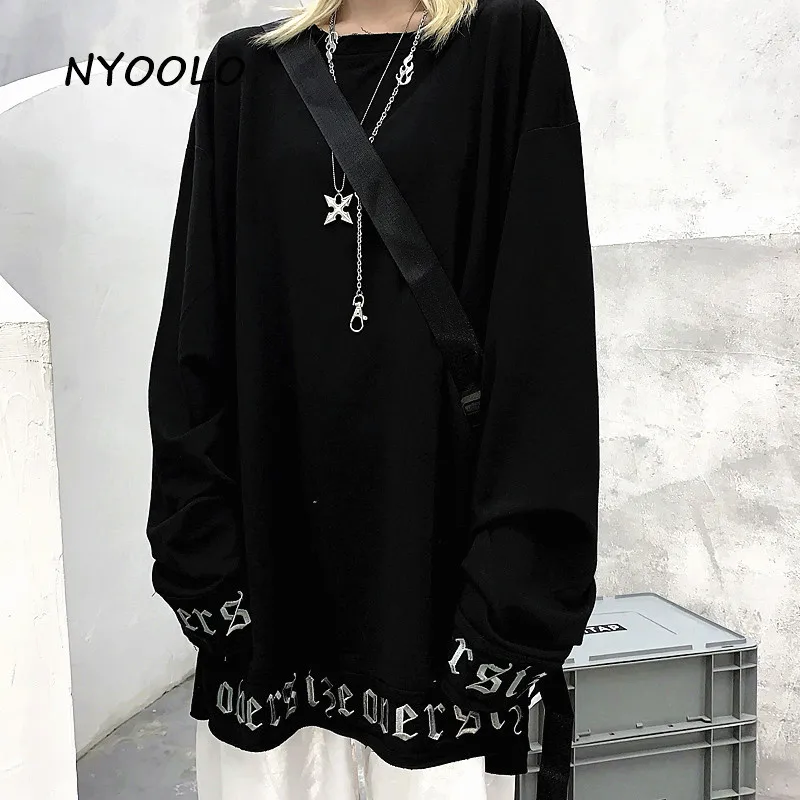 NYOOLO Harajuku стиль письмо вышивка свободный черный хип хоп Толстовка Осенняя уличная одежда с длинным рукавом пуловеры толстовка женская мужская одежда топы - Цвет: Черный