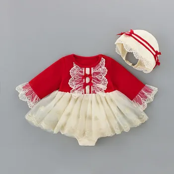 

Baby onesies Baby Girl Party Dress Beautiful Red Princess Dress Cotton Baby Girl Christmas Costume+ Hat