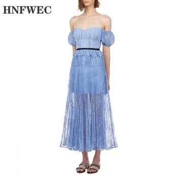 

Summer Lace Patchwork Women's Dress Slash Neck Puff Sleeve High Waist Sashes Mesh Dresses Female 2019 Fashion New Z352
