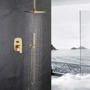 

Brushed Gold Bathroom Brass 12 Inch Ceiling Mount Rain Mixer Rainfall Shower Faucet System Combo Set