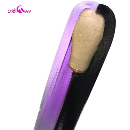 Half Purple Half 1B ALI Coco, 150%, половина черного, половина 613, парики, бразильские, Реми, прямые, зеленые, на кружеве, парик, розовый, красный, синий, фиолетовый, Омбре, парики для женщин - Цвет: Half Purple Half 1B