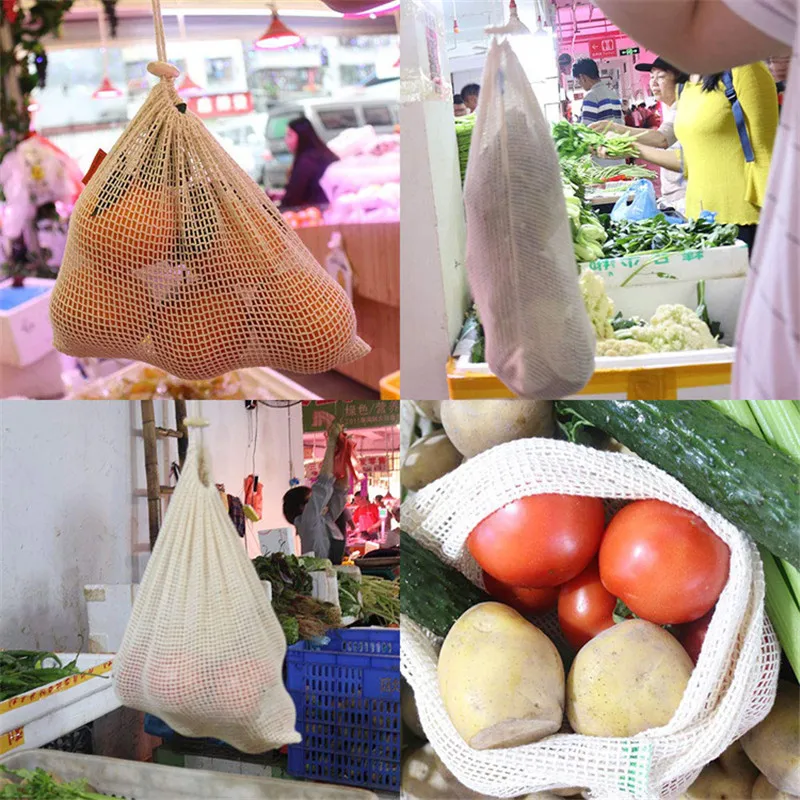 Reusable Cotton Mesh Produce Bags for Vegetable Fruit Food Kitchen Washable Grid Storage Bag Eco String bag Kitchen Organizer - Image 5