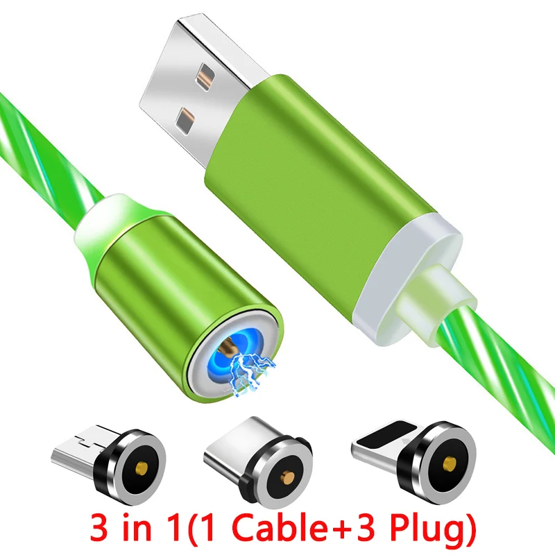 3 в 1 стример Магнитный микро USB кабель для зарядки для samsung Xiaomi type C светодиодный кабель для зарядки для iPhone универсальный кабель для зарядки - Цвет: 3 in 1 Green