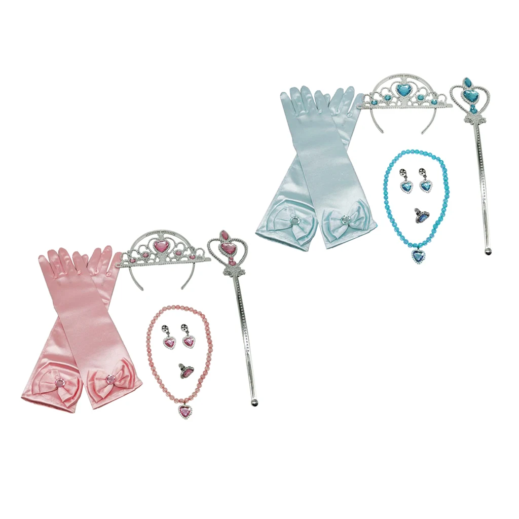 Girl Fairy Princess Beautiful Dress Girl Fancy Dress Costume Pink Blue Gloves Wand Tiara Jewelry Set