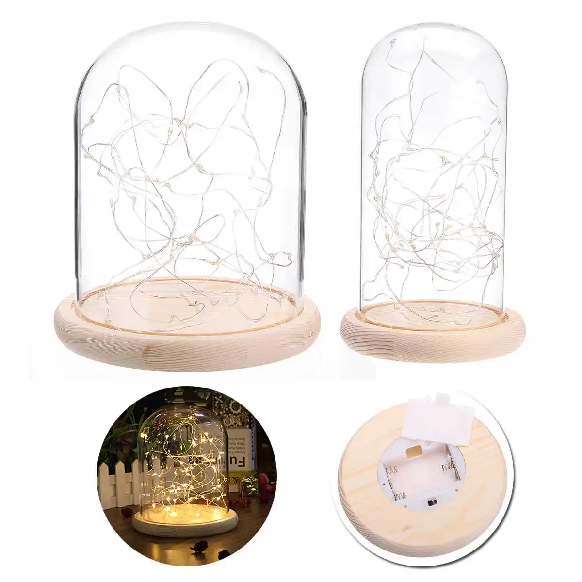  Glass Dome Bell Jar Cloche Display Wooden Base 20 LED Fairy String Light Home Decor Bedroom Desk Ni - 4000316243814